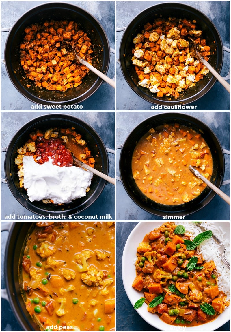 Process shots of creating Vegetable Curry: adding vegetables, broth and coconut milk; simmering and then serving on a bed of rice.