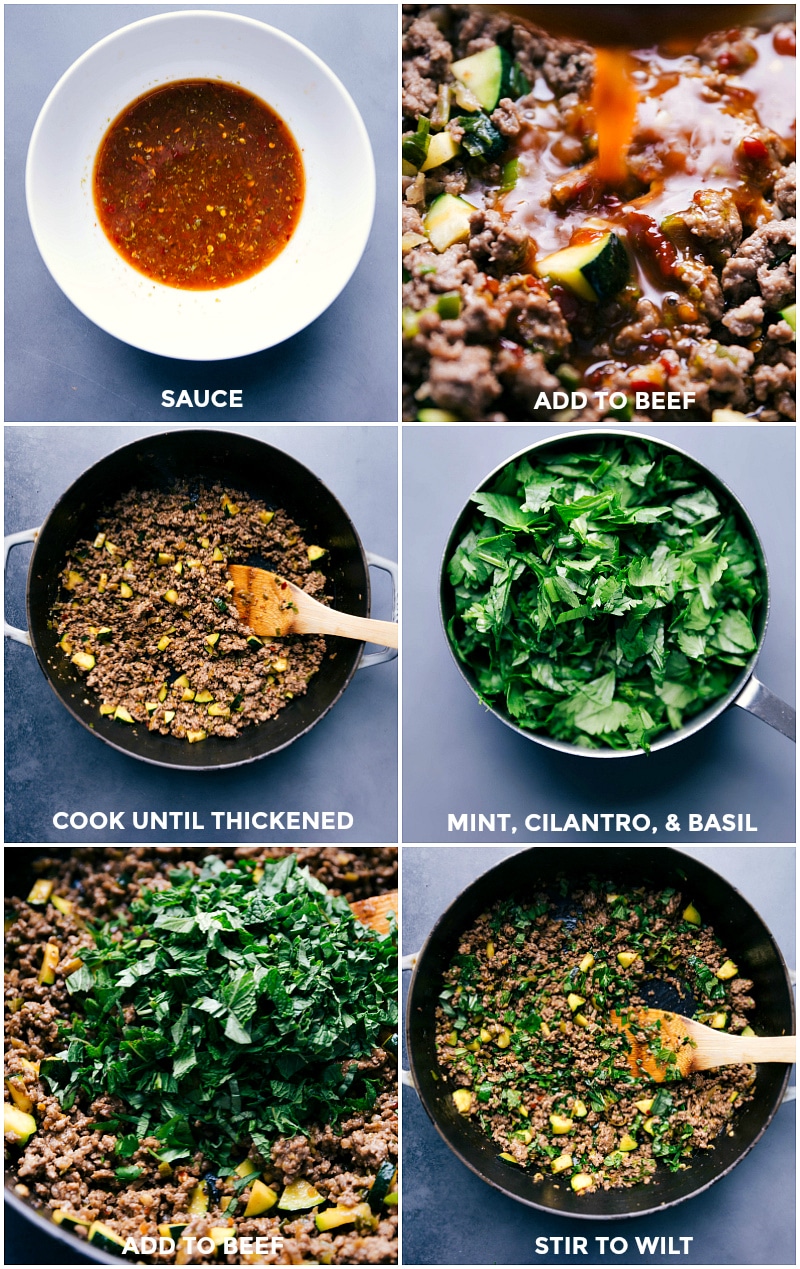 Overhead process shots: the prepared sauce; the sauce added to the beef; cooking everything until thickened; roughly chopped herbs; herbs added to the beef and sauce; cooking a few more minutes to finish.