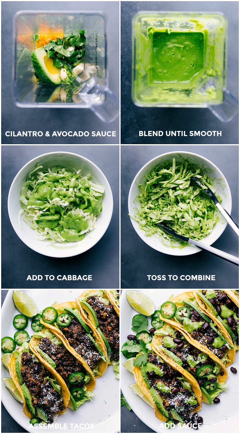 Images of the cilantro and avocado sauce being made; then mixed in with the cabbage; and finally images of the tacos being assembled.