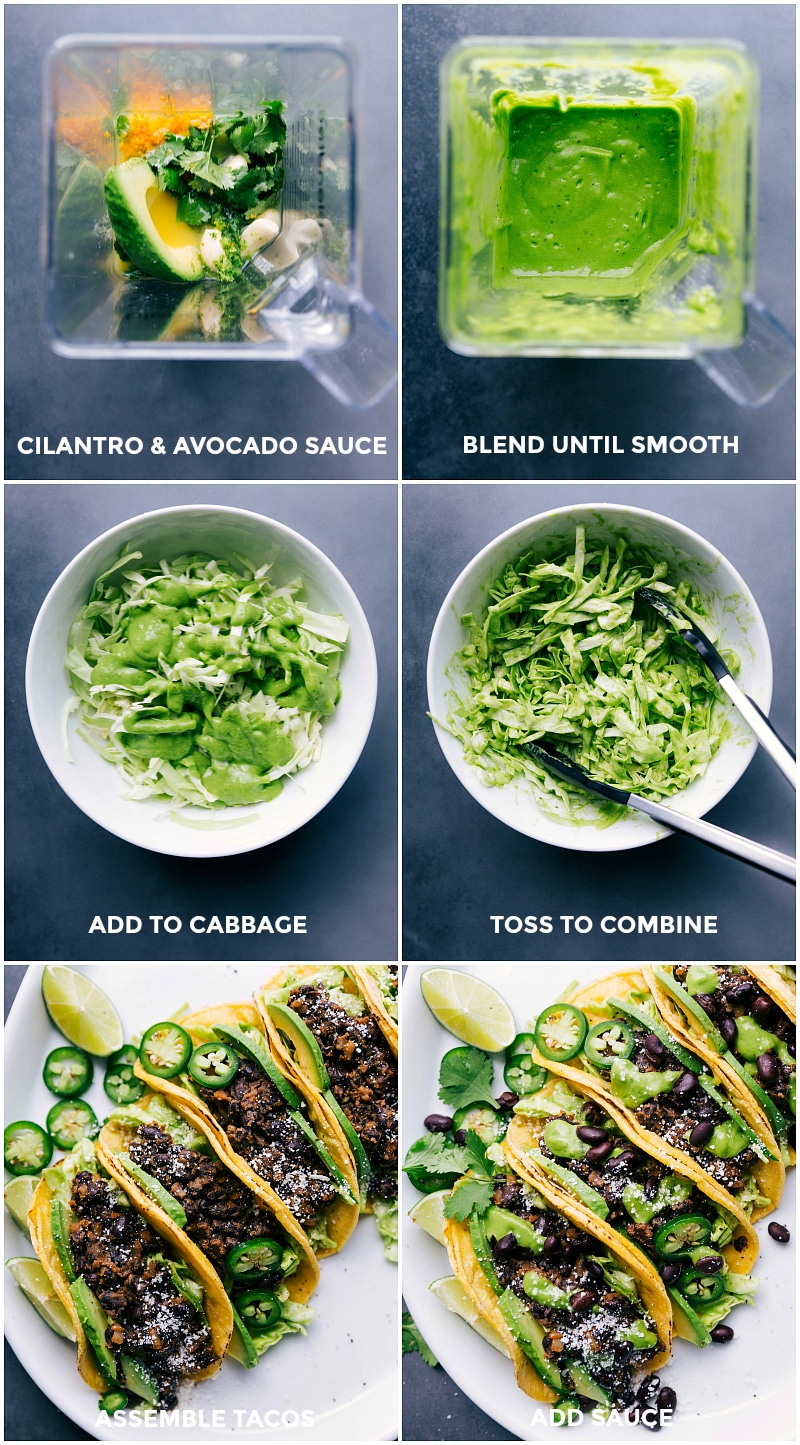 Blending cilantro and avocado for sauce, mixed into cabbage, and adding to the rest of the meal.