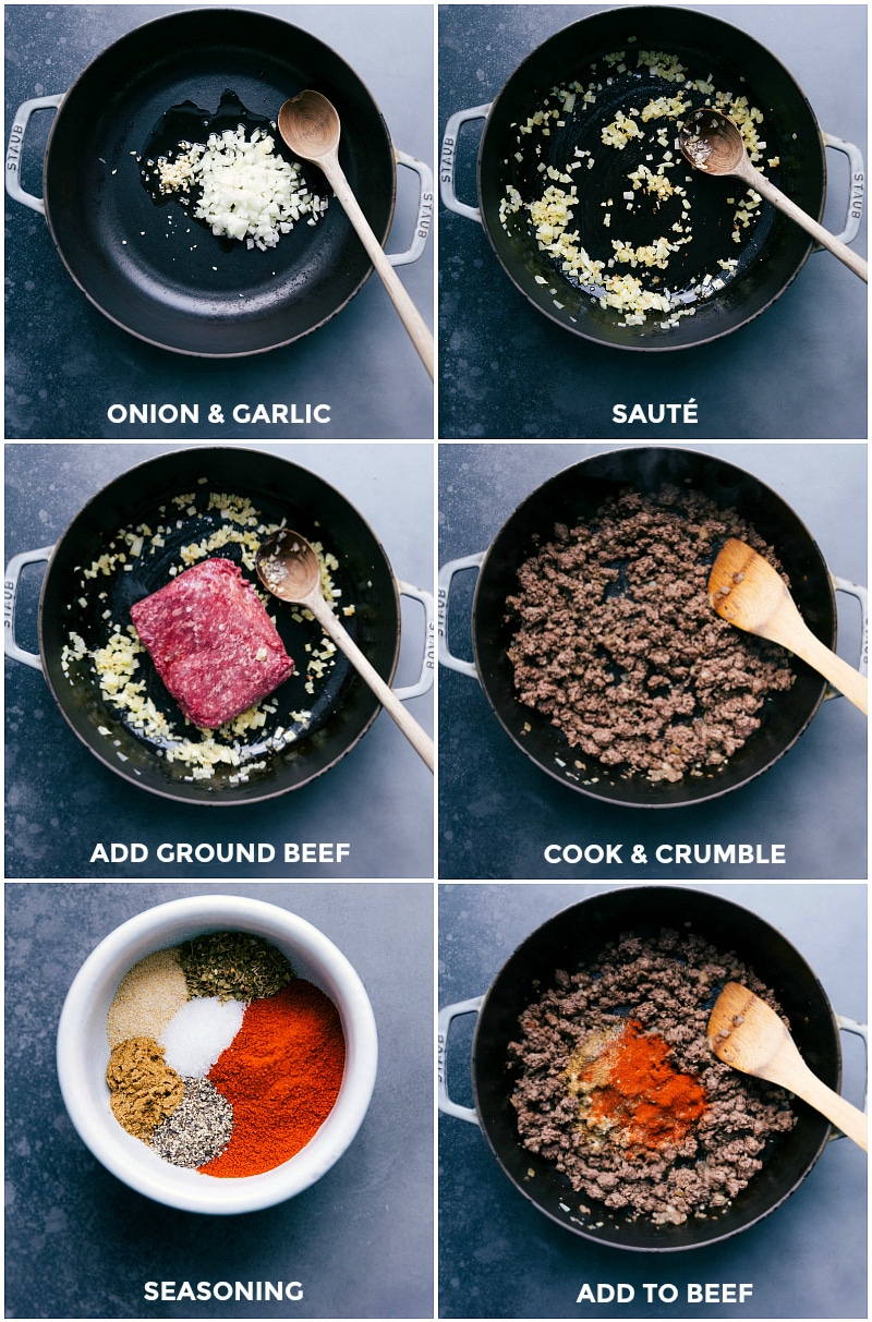 Process shots-- images of the onion and garlic being sautéed; the ground beef being cooked and crumbled; and the seasonings being added to the beef.