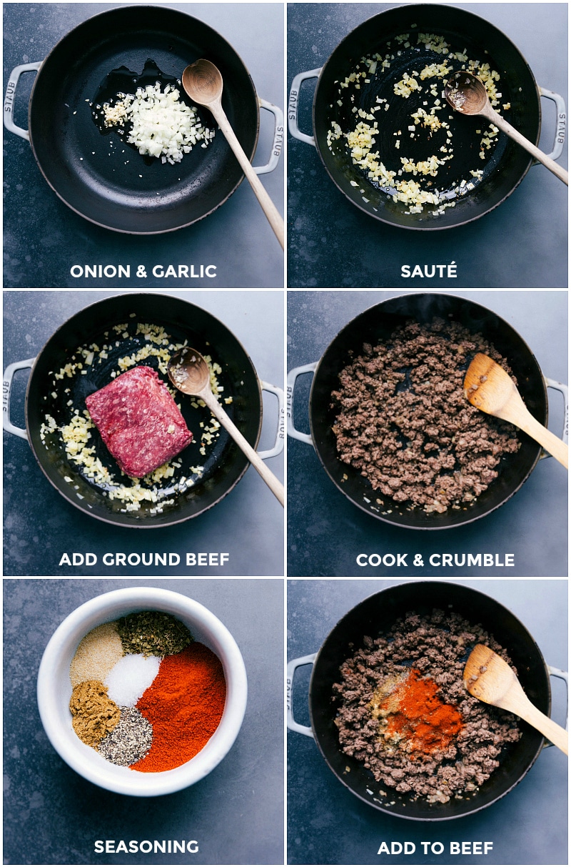 Onion and garlic sautéing; meat cooking and being crumbled; seasonings sprinkled over meat.