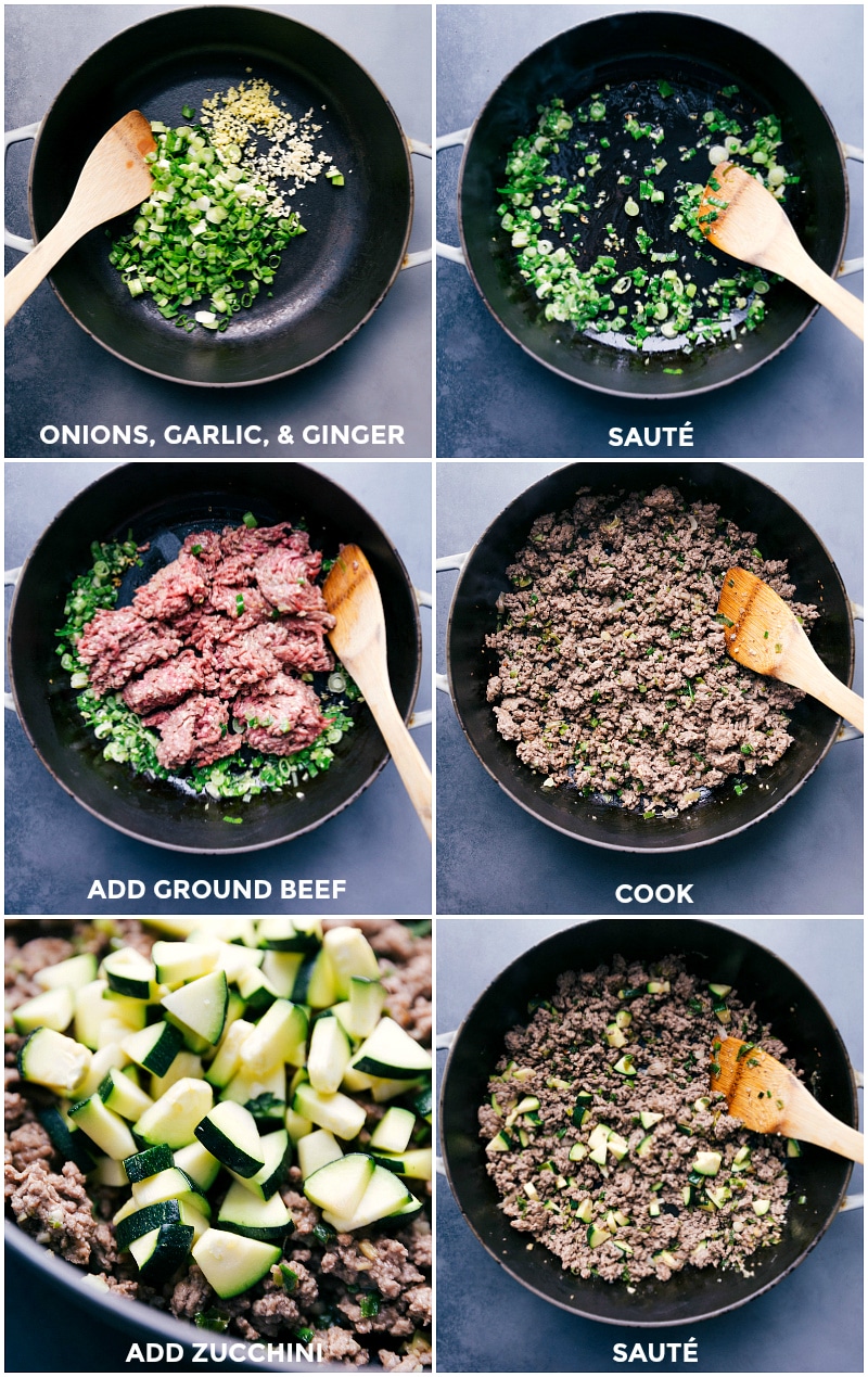 Browning the onions, garlic and ginger; adding and cooking the ground beef; adding the zucchini; simmering to finish the Beef Larb.