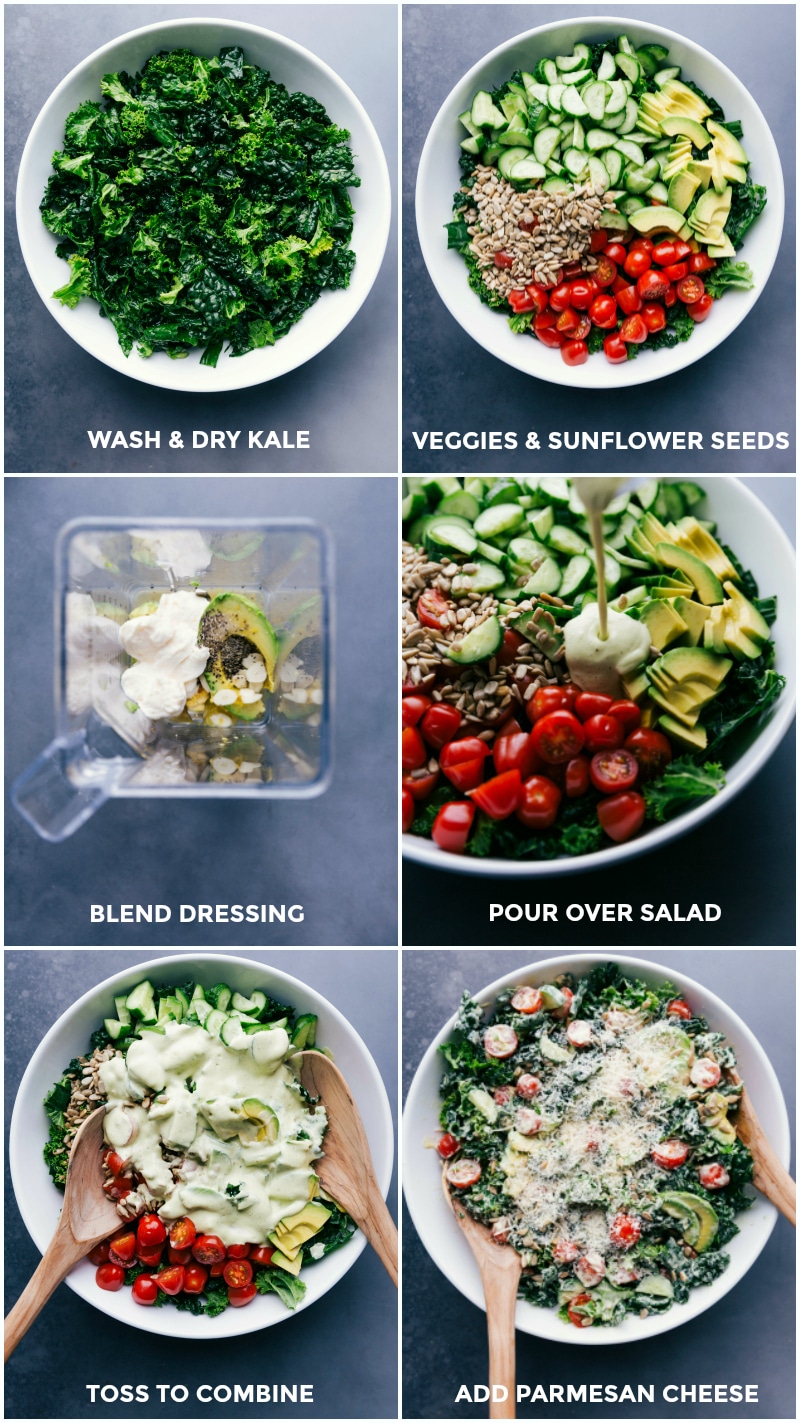 Process shots-- images of the kale being prepped; all the ingredients being added; the dressing being made; and the Kale Avocado Salad being combined with the dressing.