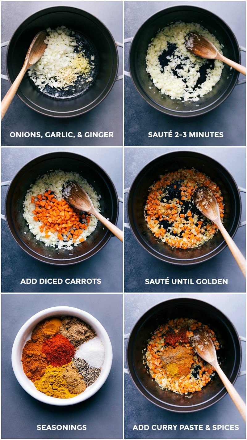 Process shots-- images of the veggies being sautéed; the seasonings and curry paste being added to the veggies.