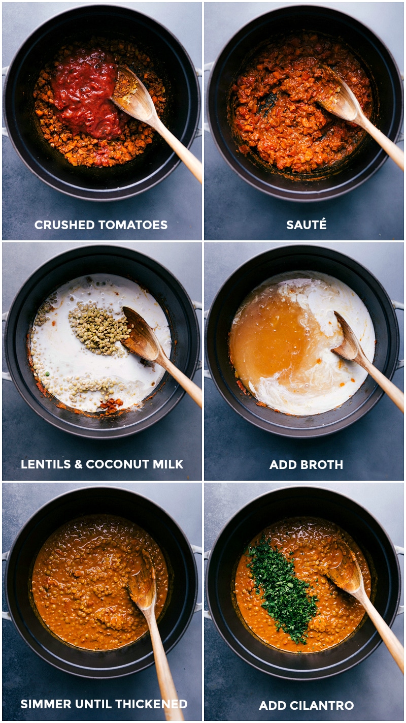 Images of the tomatoes, lentils, coconut milk, and broth being added and simmered until thickened.