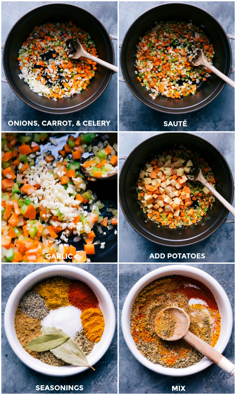 The cooking of vegetables and the preparation of seasonings for the lentil soup recipe.