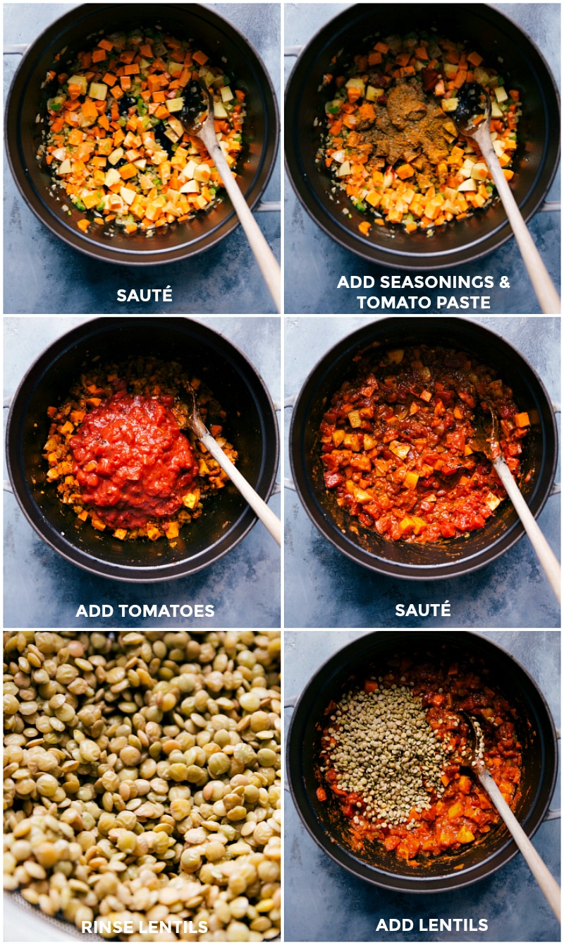 Sautéing vegetables, adding seasonings, and incorporating lentils into the recipe.