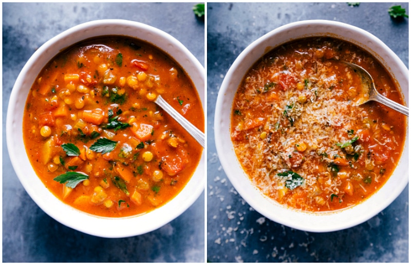 Overhead images of Lentil Soup in a bowl with fresh Parmesan cheese on top.