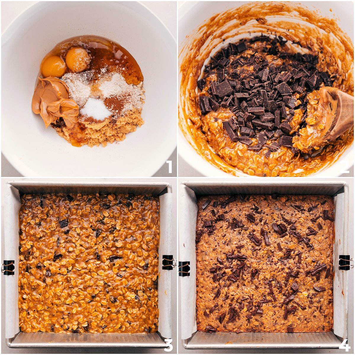 All the ingredients mixed in one bowl, spread into a pan, and baked into delicious oatmeal breakfast bars.