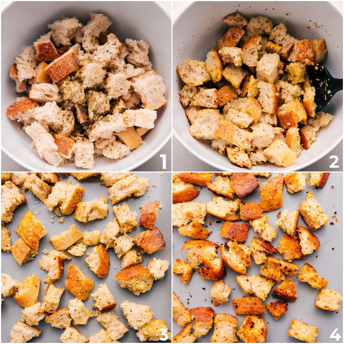 Toss the bread with seasonings, herbs, garlic, oil, and butter, then roast it.