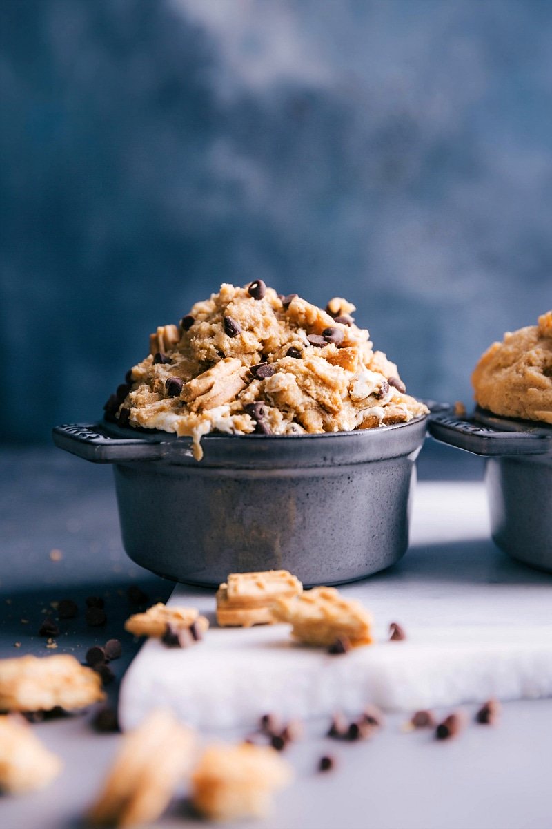 Edible peanut butter cookie dough in a bowl, delicious and ready to be enjoyed.