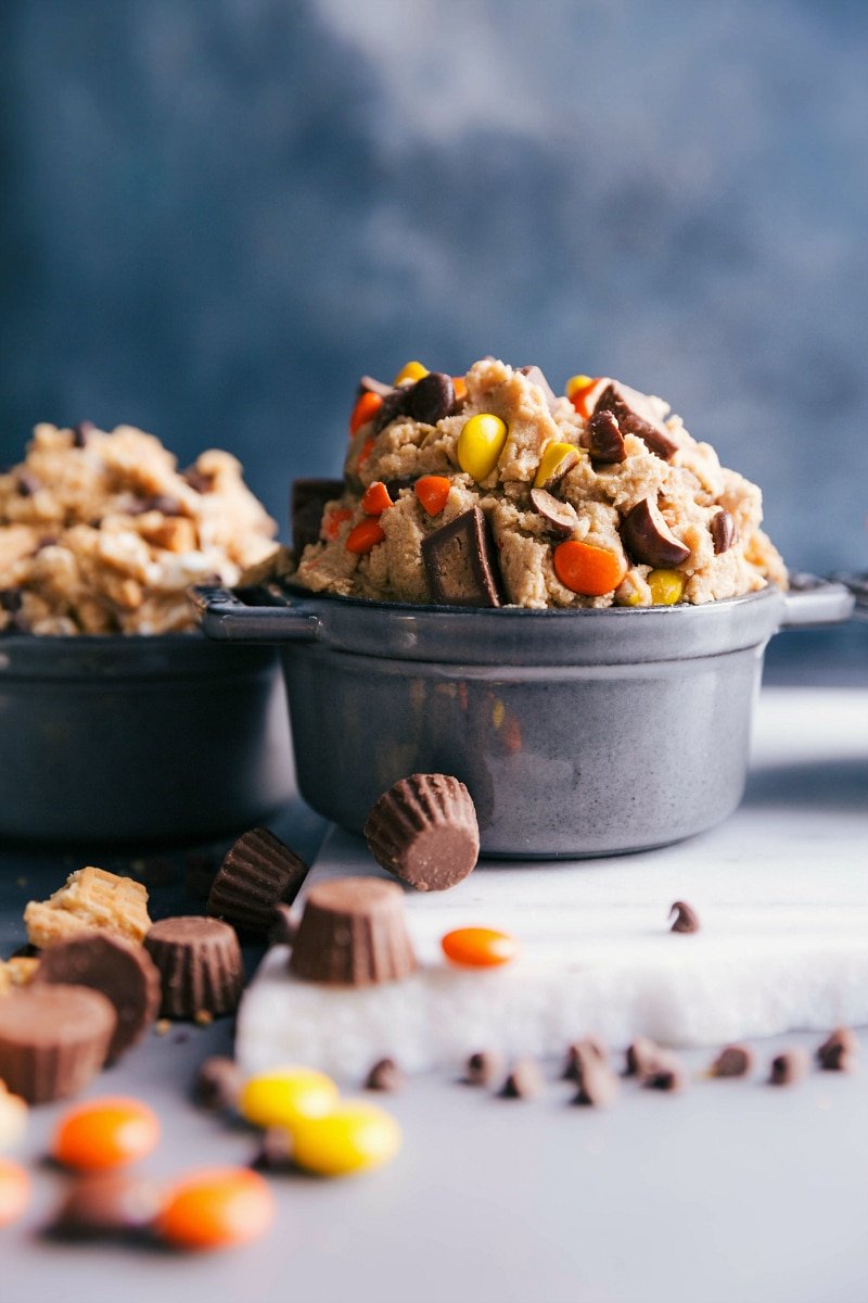 Ready-to-eat reese's peanut butter cookie dough, rich and creamy, presented in a bowl.