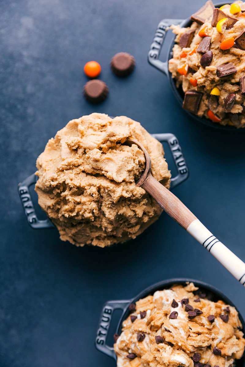 Overhead image of the peanut butter cookie dough in a bowl with a spoon in it