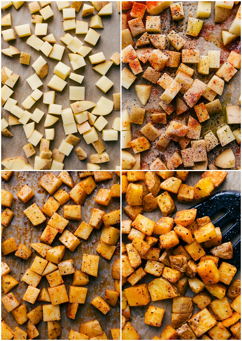 Process shots-- images of the seasonings being tossed with the potatoes and then them being roasted.