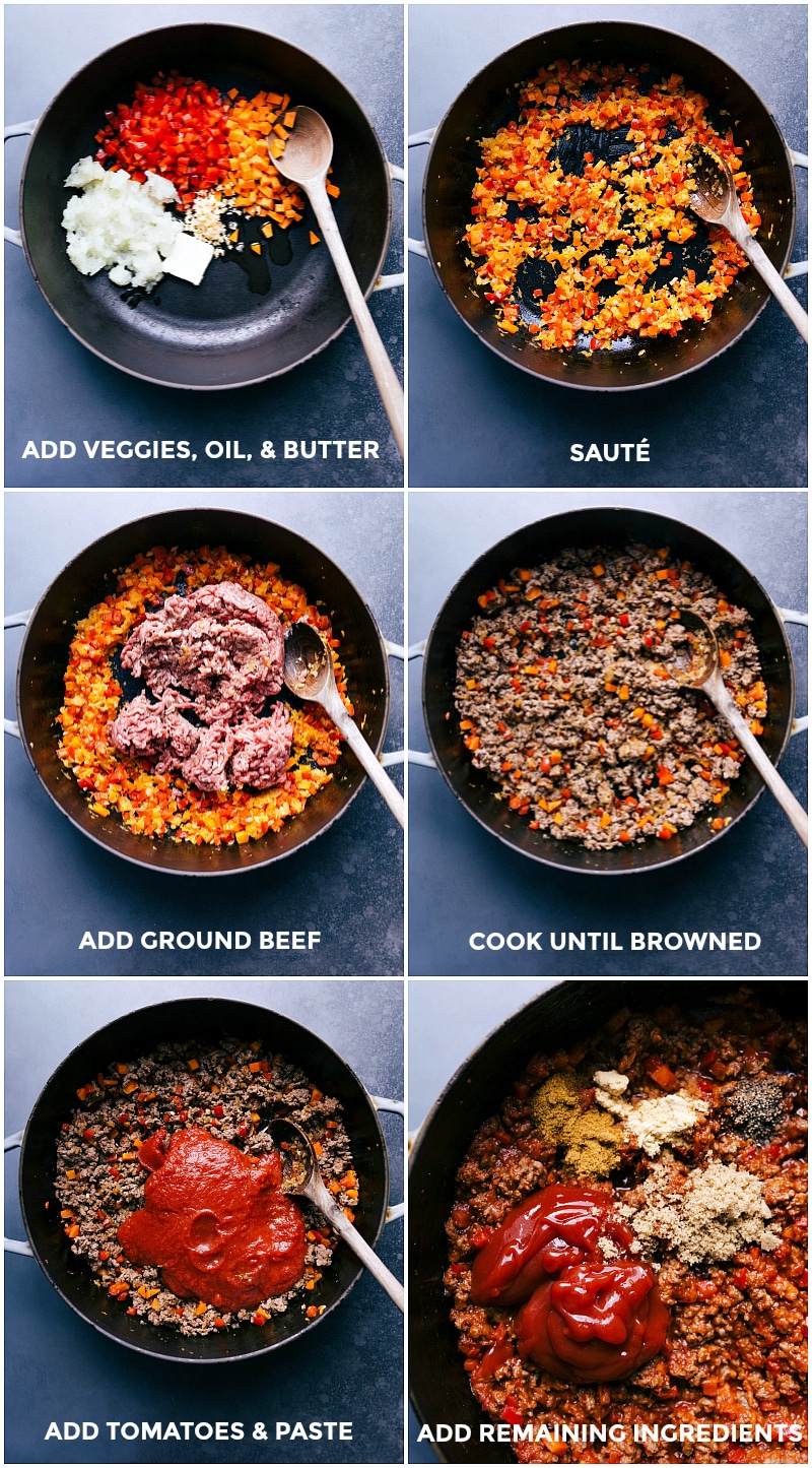 Sautéing veggies, ground beef, and seasonings being incorporated for the sloppy joe recipe.