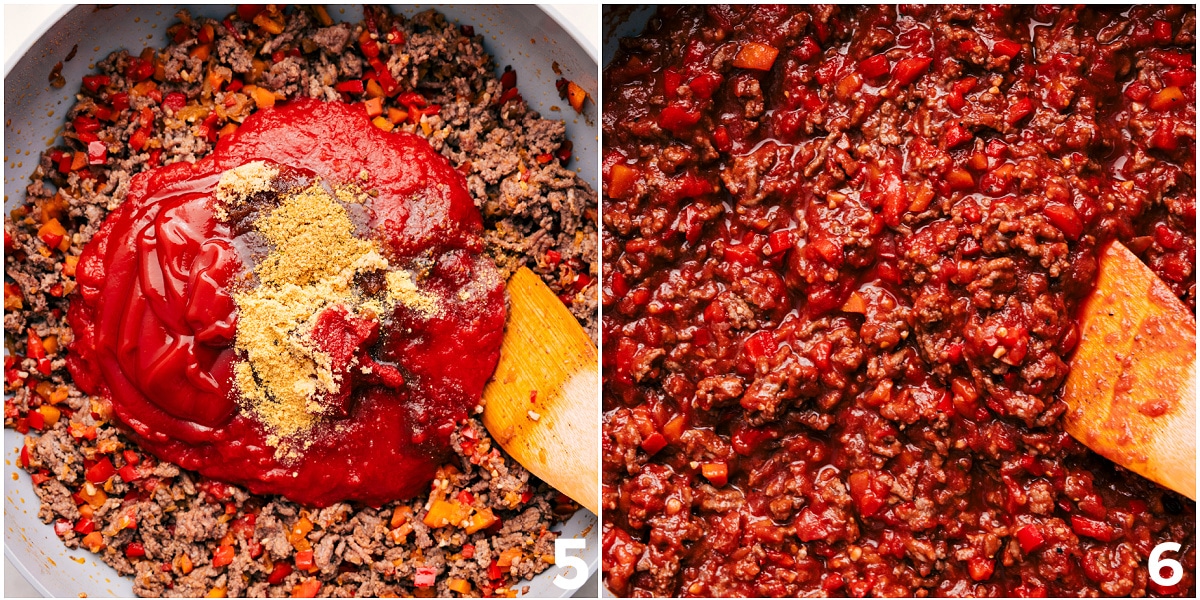 All the sauce ingredients going into the beef, then everything cooking together.