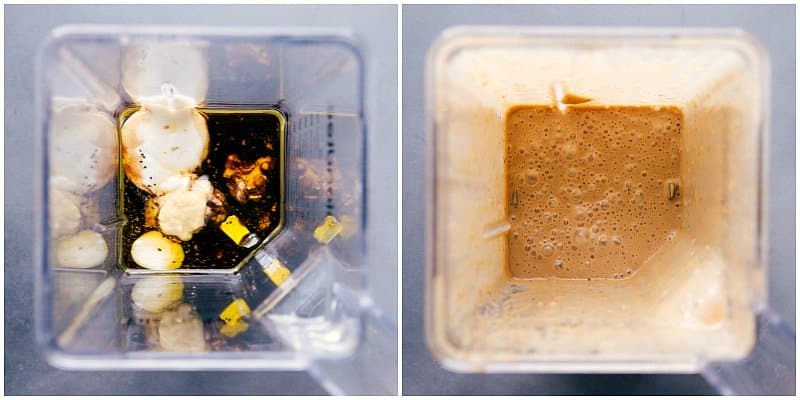 Overhead views of Creamy Balsamic Dressing before and after being whirled in the blender.