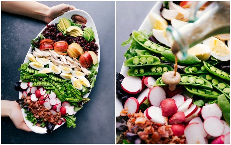 Images showing someone holding the platter of salad, and another showing the dressing being poured over the salad.