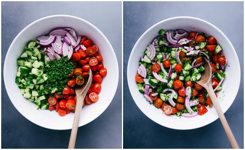 Images of the veggie salad that is part of the filling for Steak Gyros.