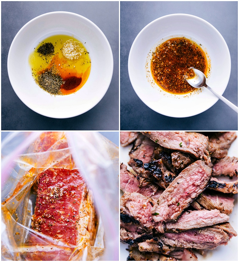 Process shots-- images of the marinade ingredients; the meat in the marinade; grilled steak.