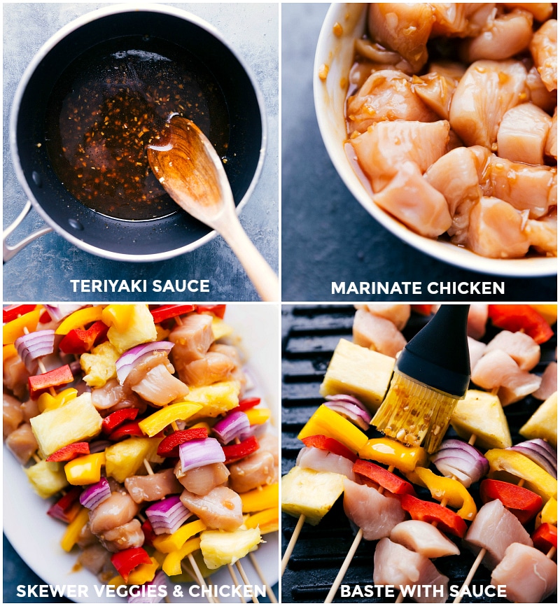 Process shots-- images of the teriyaki sauce being made; the chicken going into the marinade; the skewers being assembled; and skewers being grilled and basted.