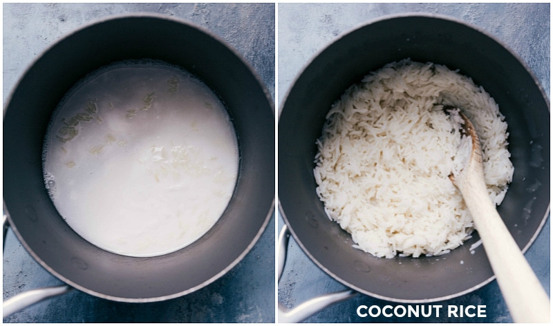 Preparation of coconut rice, cooked until light and fluffy.