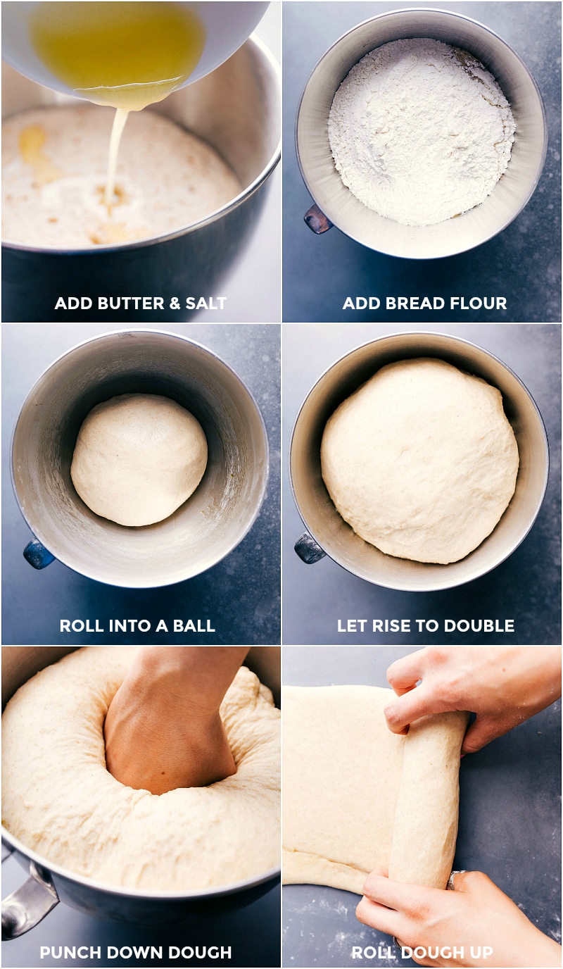 Process shots-- images of the butter, salt, and bread flour being added; the dough being rolled into a ball; the dough being left to rise; the dough being rolled out.