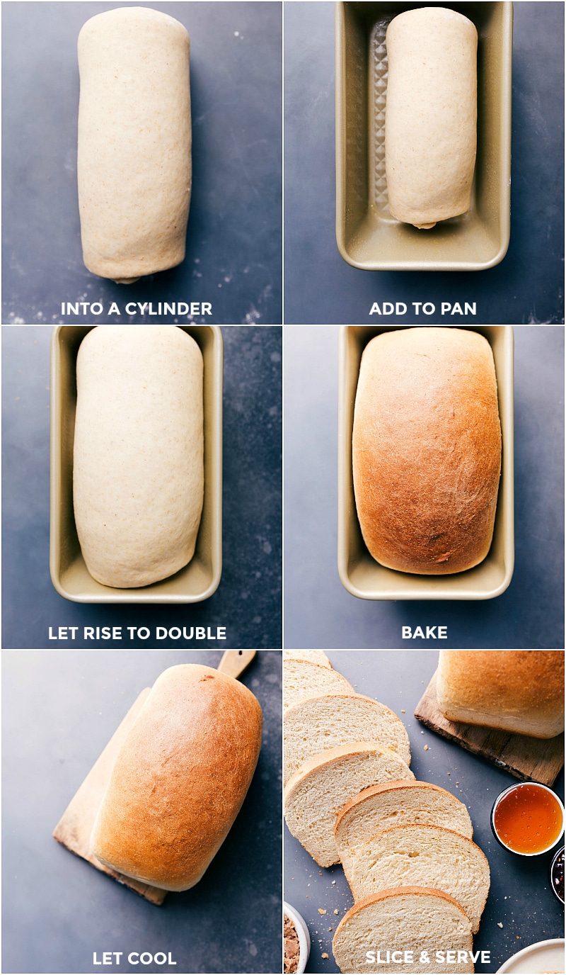 Image of the dough being rolled into a cylinder; added to a prepared bread pan; left to sit and rise; baked; and sliced.