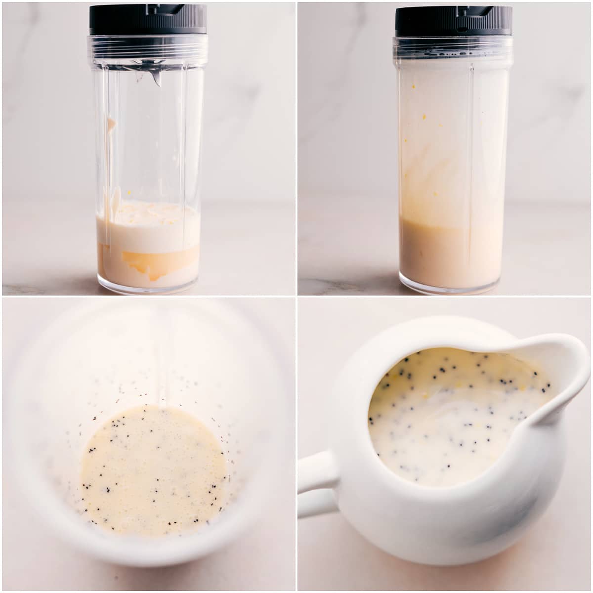 The poppyseed dressing is blended, poppyseeds are added, and it's ready for the salad.