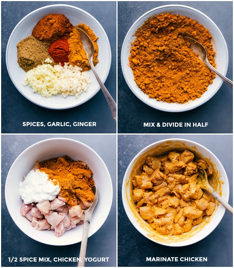 Spices being measured, mixed, and combined with yogurt and chicken to marinate.