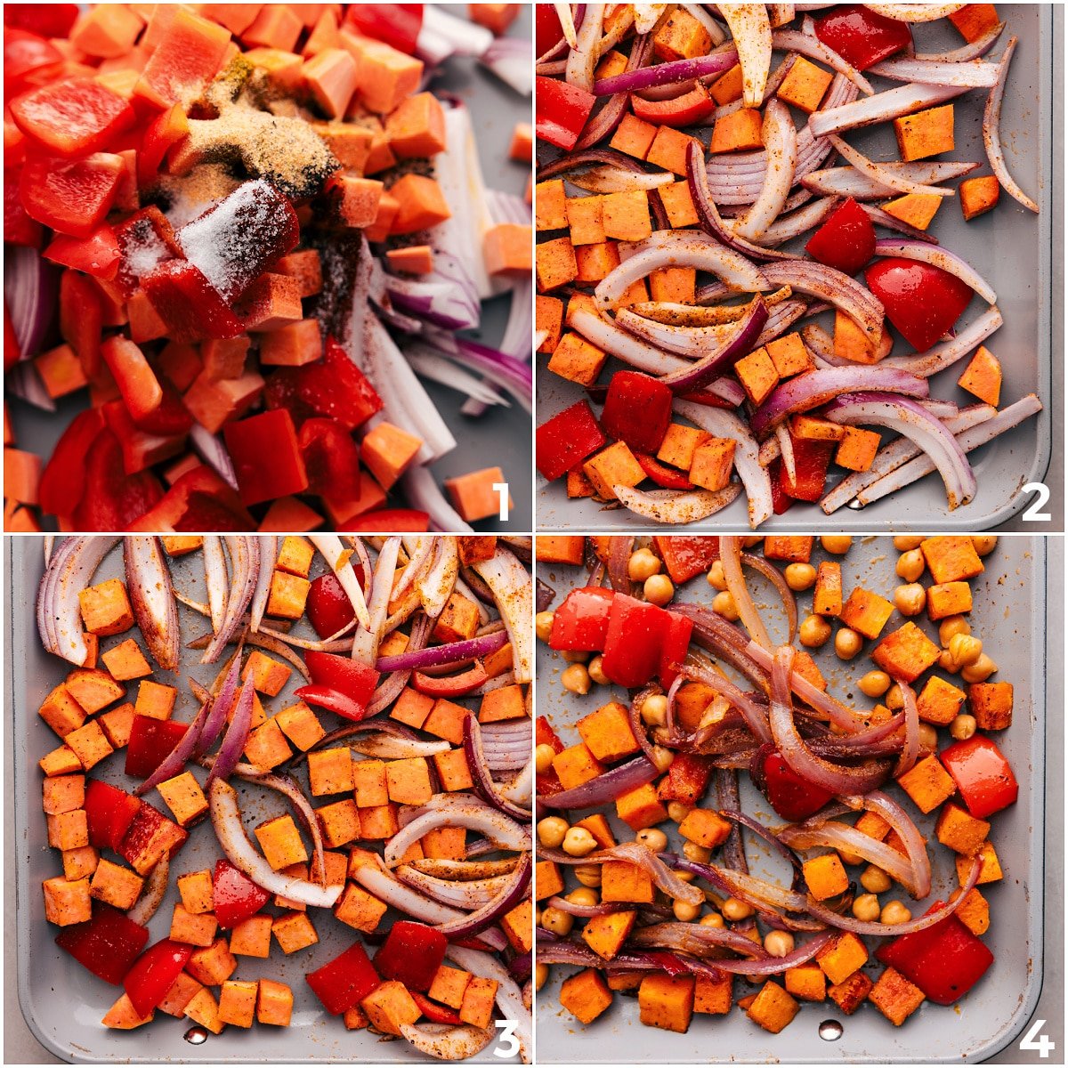 All the veggies and chickpeas roasted on a sheet pan to top these Buddha bowls.