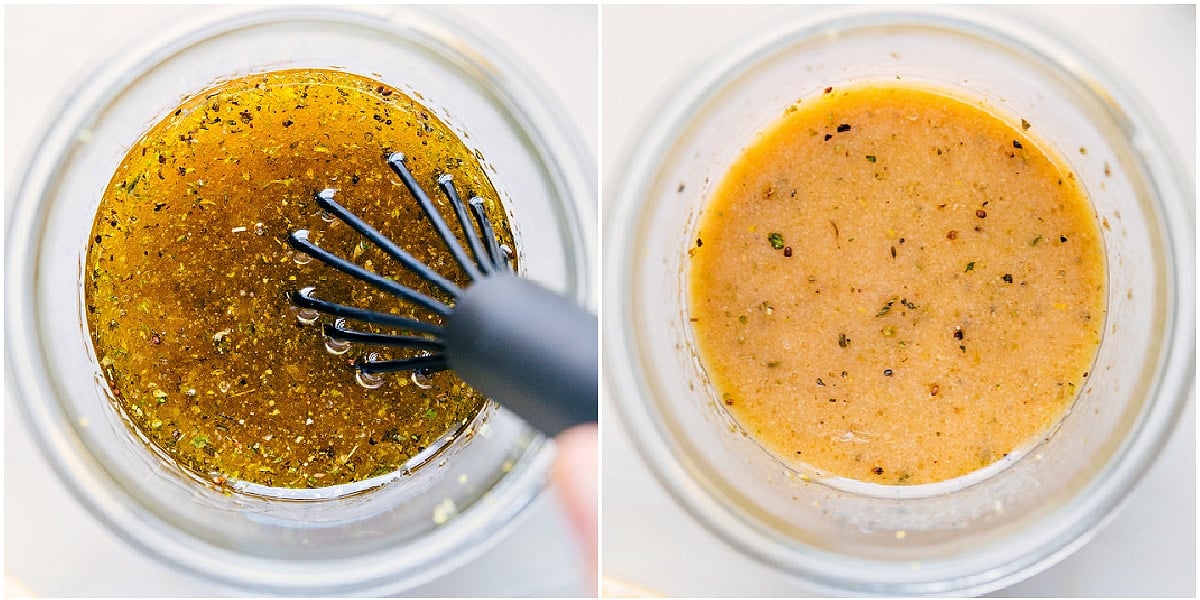 The dressing whisked together in a mason jar.