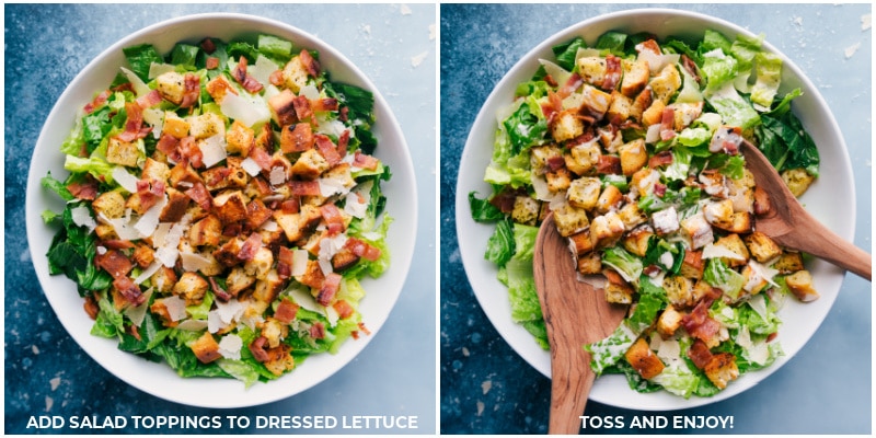 Overhead image of all the salad toppings being added and tossed with the Caesar dressing