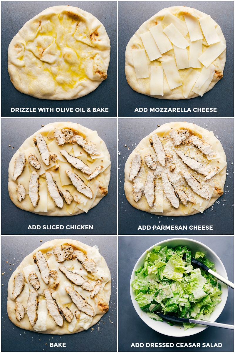 Process shots-- images of the naan bread being drizzled with olive oil; cheese being added; chicken being added; Parmesan being added; the pizza being baked; the salad being tossed with dressing.