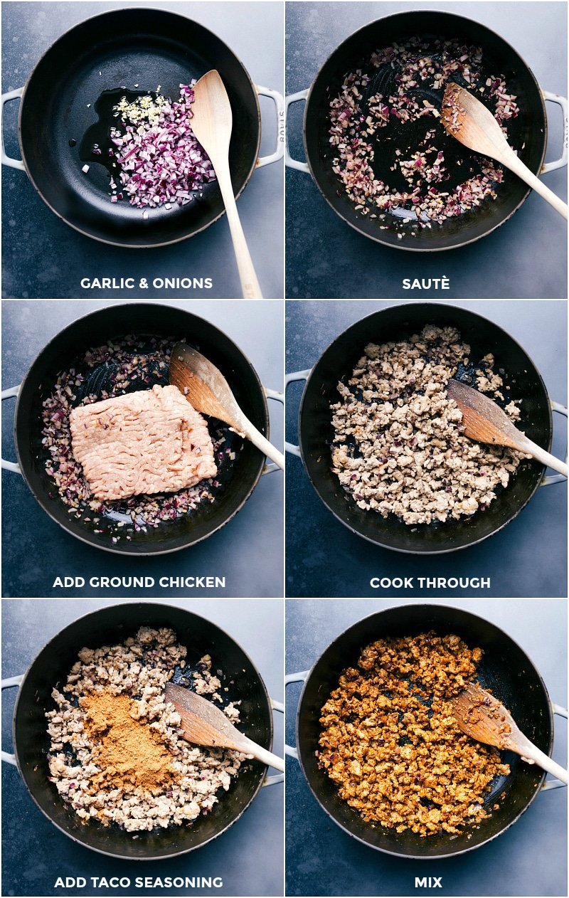 Process shots: images of the garlic and onions being sautéed; the ground chicken being added; and the seasonings being mixed in.