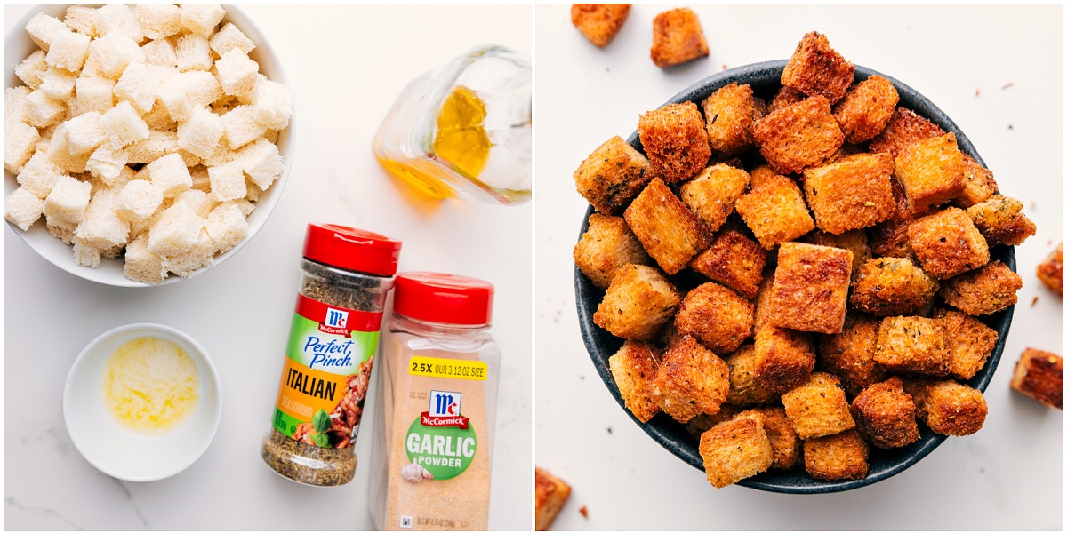 The crouton ingredients prepped, with croutons in a bowl after being perfectly cooked.