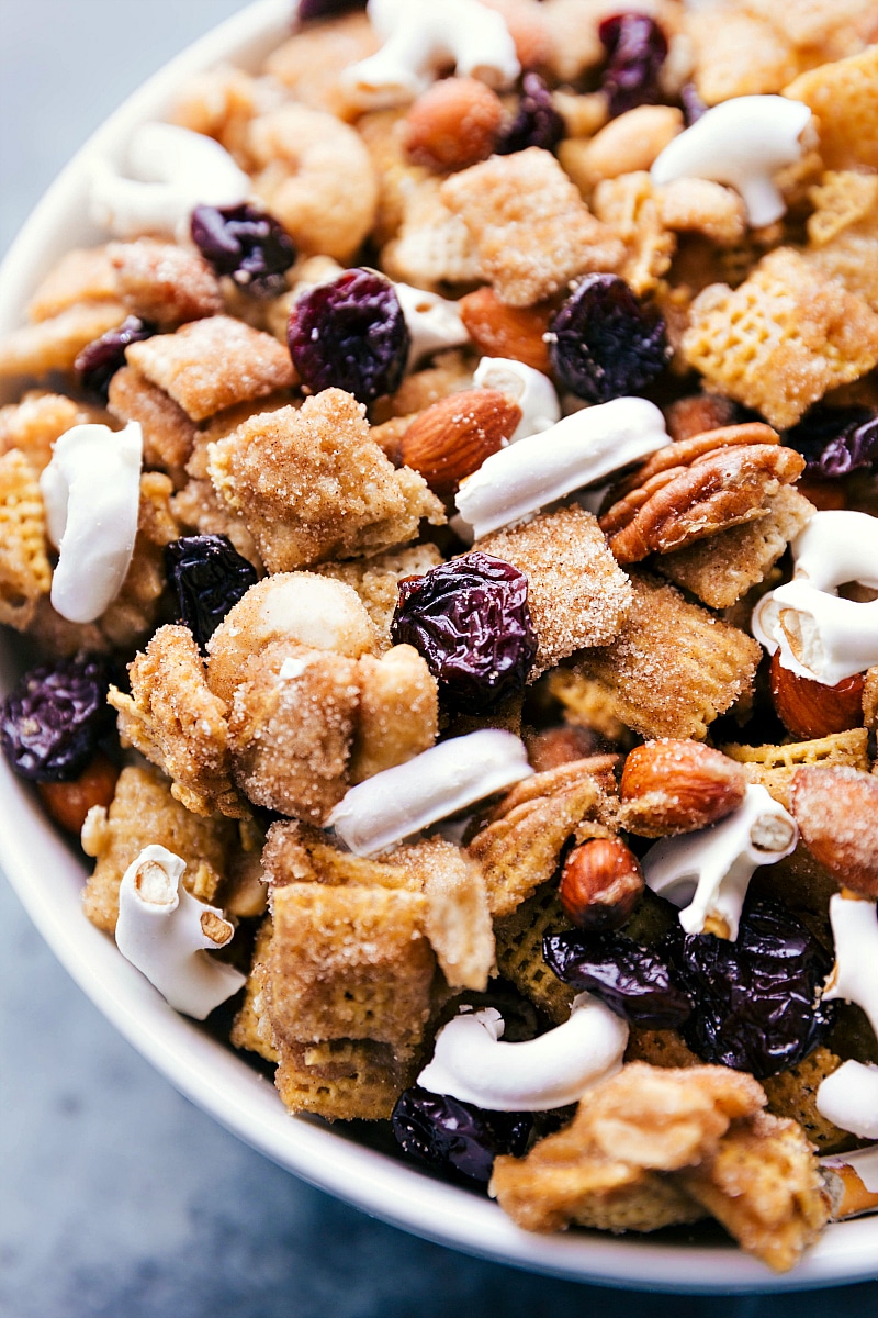 Overhead image of the snack mix in a bowl ready to be eaten