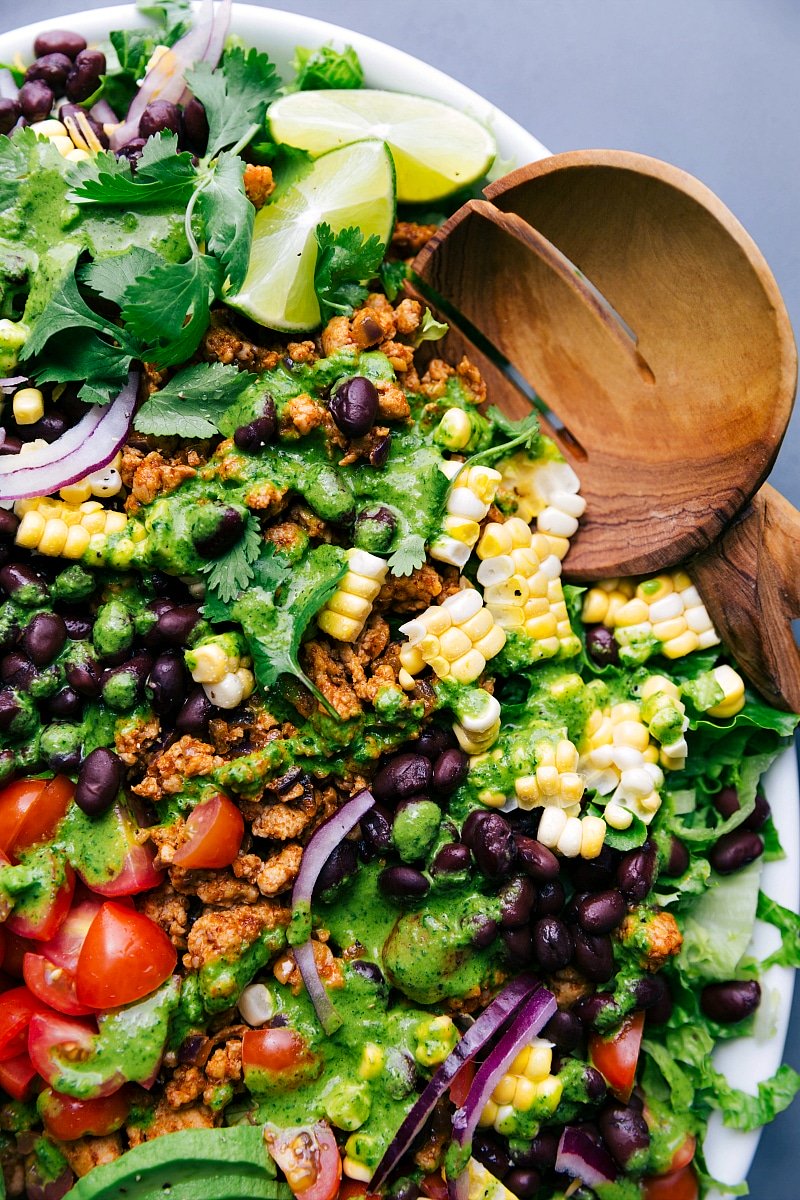 Overhead image of Chicken Taco Salad, fully dressed and ready to be eaten.