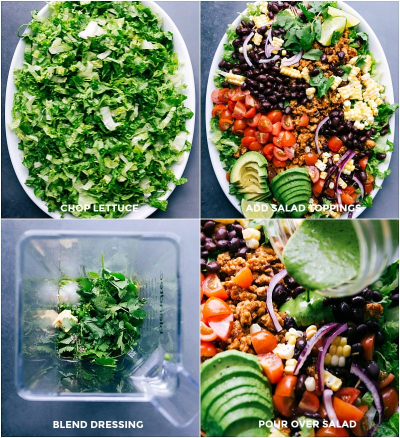 Chopped lettuce with various toppings added, alongside blended dressing being poured over the salad.