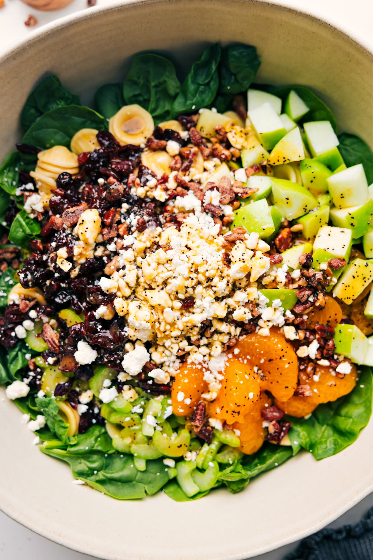 All the ingredients for this fall pasta salad added into a bowl with dressing drizzled on top.