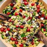 Easy Greek Pasta Salad in a bowl ready to be served.