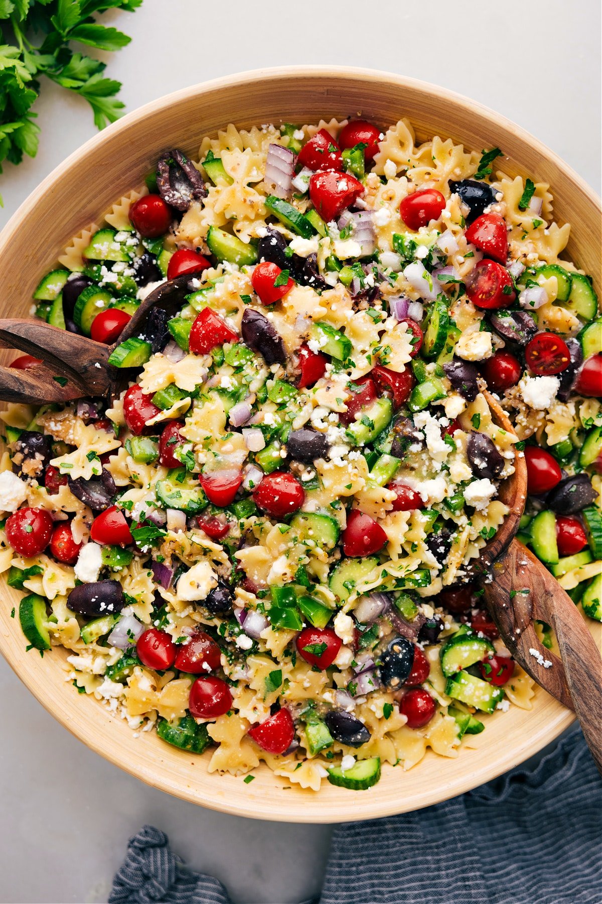 Easy Greek Pasta Salad in a bowl ready to be served.