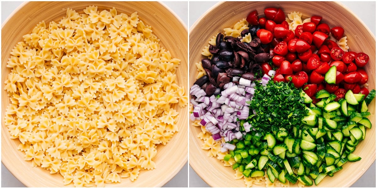 The pasta and veggies being added to a large bowl.