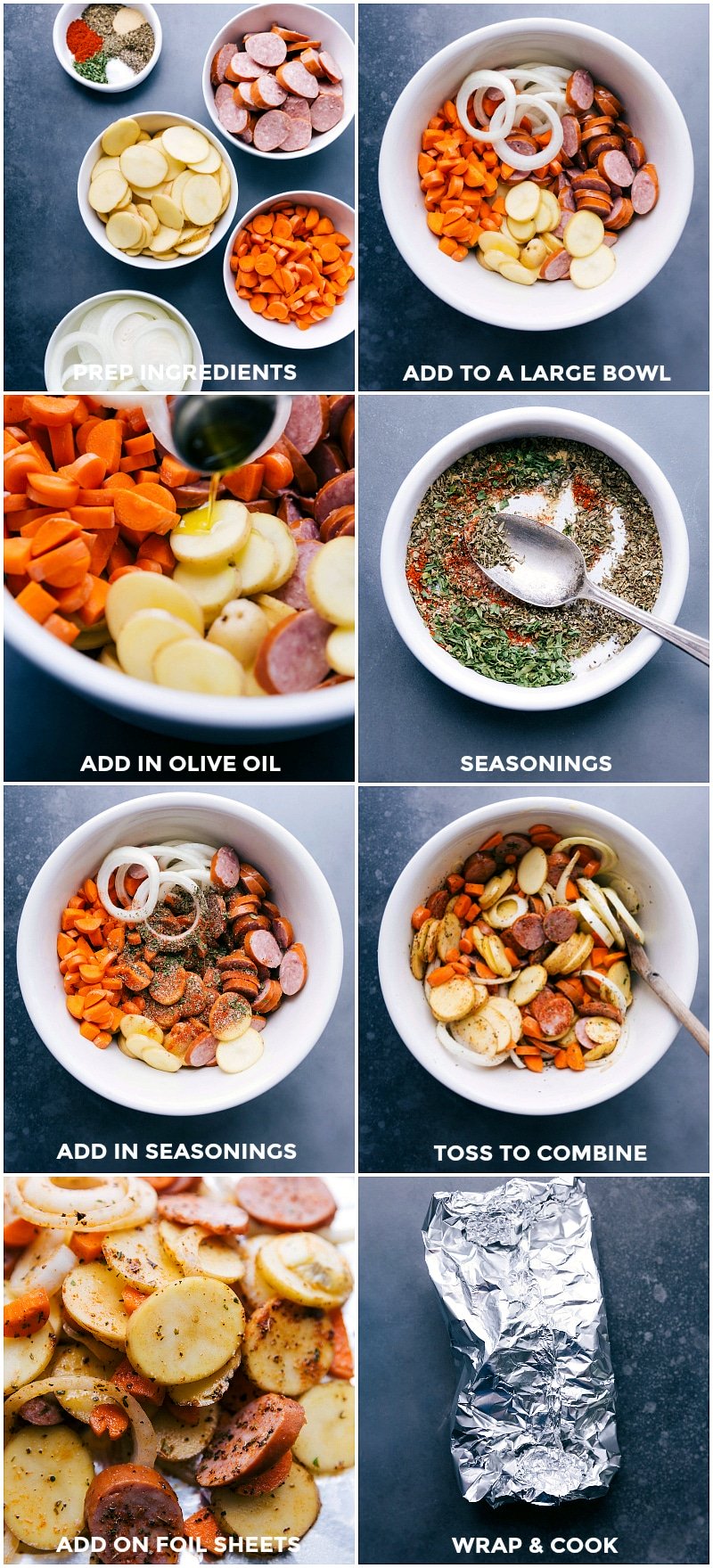 Ingredients combined in a bowl and mixed with seasonings for hobo foil packets before wrapping.