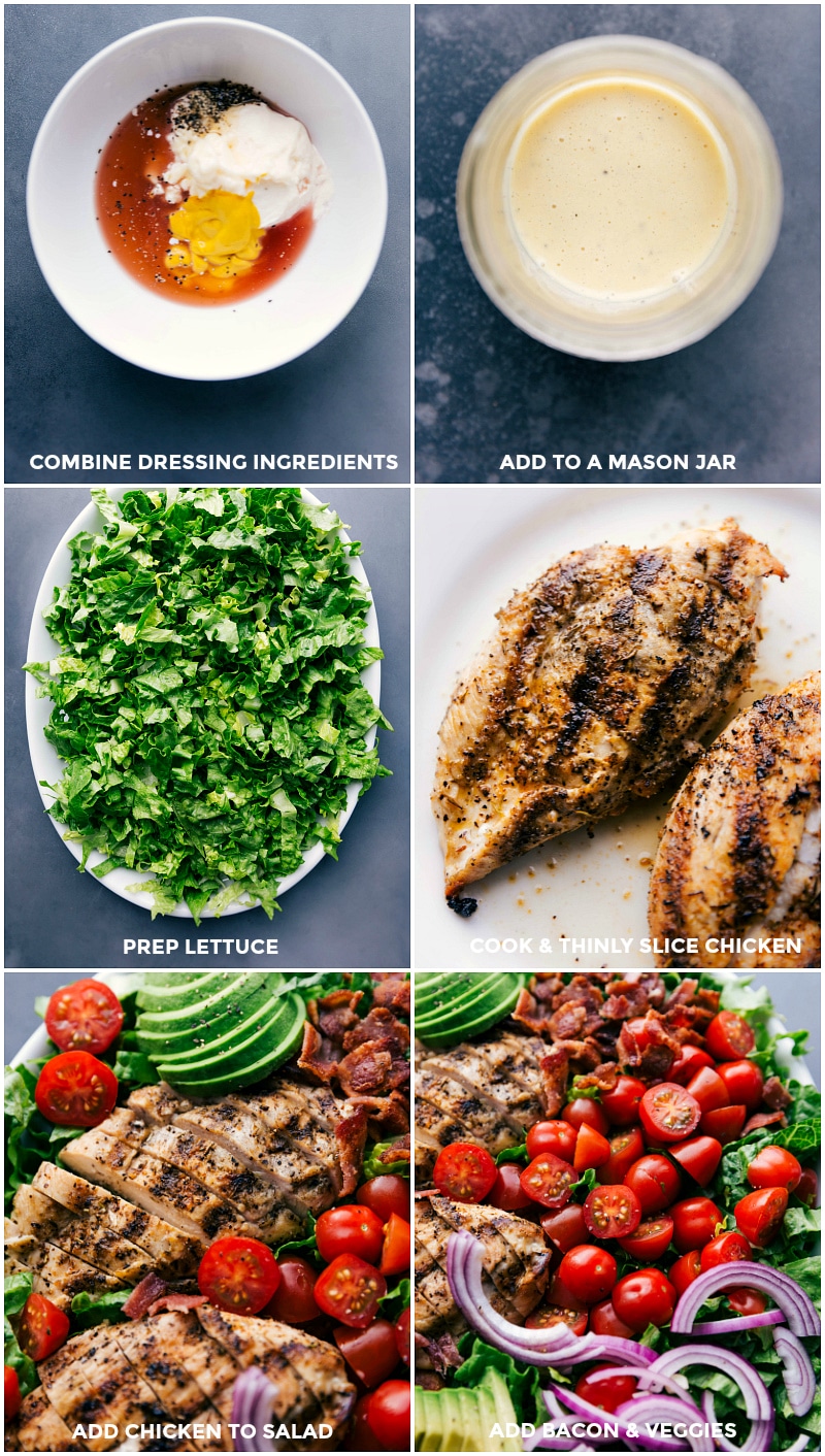 Process of making honey mustard salad dressing, prepping lettuce, grilling chicken, and tossing it all to create a delicious salad.