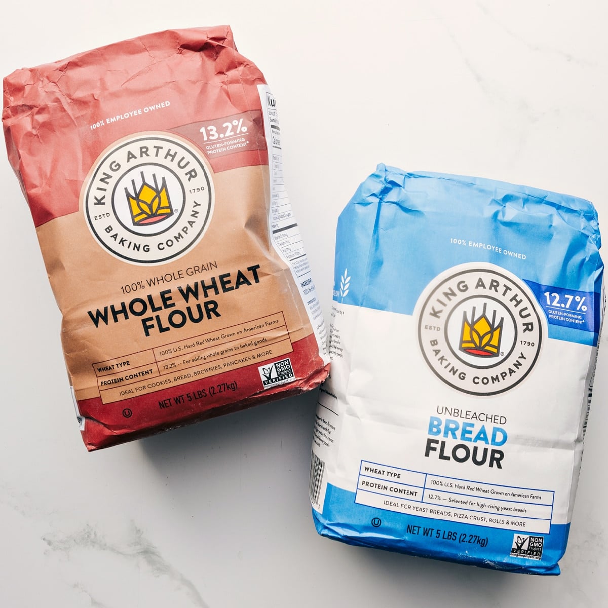 The two types of flour used in this honey whole wheat bread: whole wheat four and unbleached bread flour.