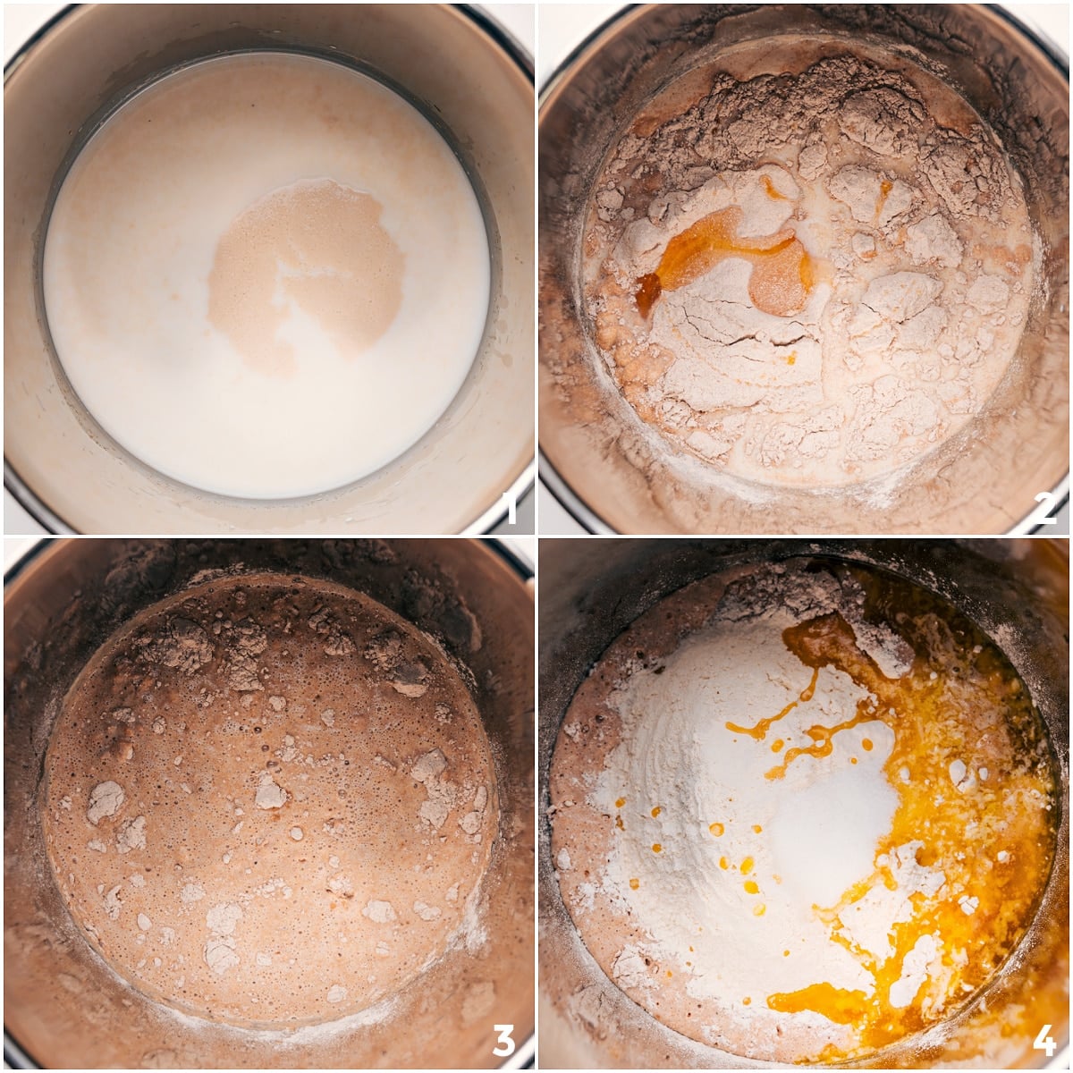 The milk and yeast being combined and then mixed with the dry ingredients and butter to make the batter.