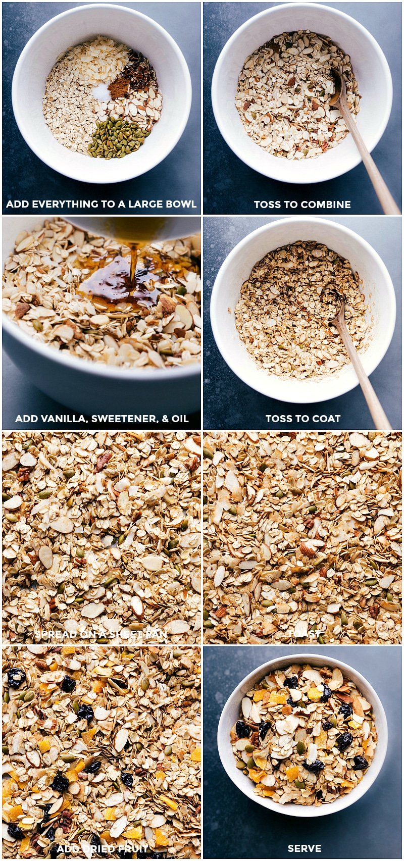 Preparation of homemade muesli recipe, with ingredients mixed in a large bowl, spread on a baking sheet for baking, and served with added fruit.