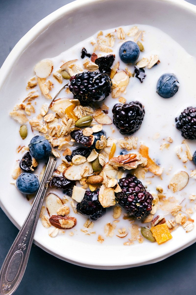 View of a bowl of Muesli, with milk and berries.